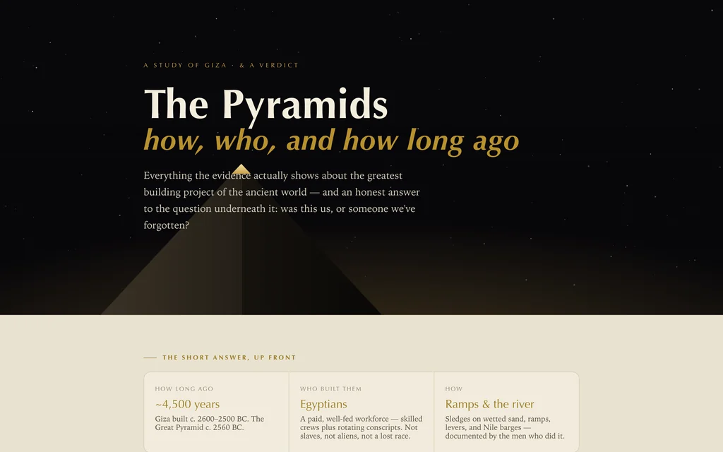 The Pyramids study: a warm dark ground with a gold horizon line and the title set large above the evidence layout.