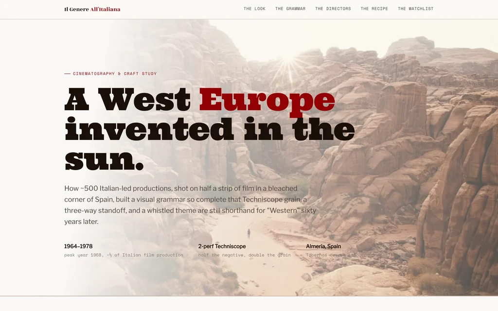 The Spaghetti Western study: bleached bone-white ground with a heavy black display headline and a blood-red rule beneath it.