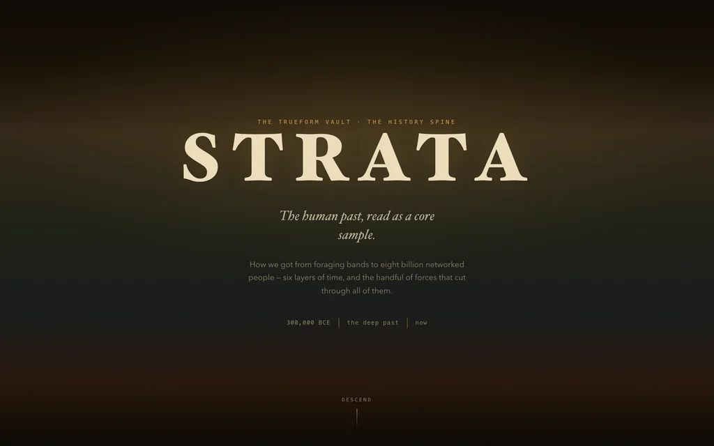 Strata: a cool slate-grey rock-core ground with a brass depth gauge running down the side and the title set in a fine serif.