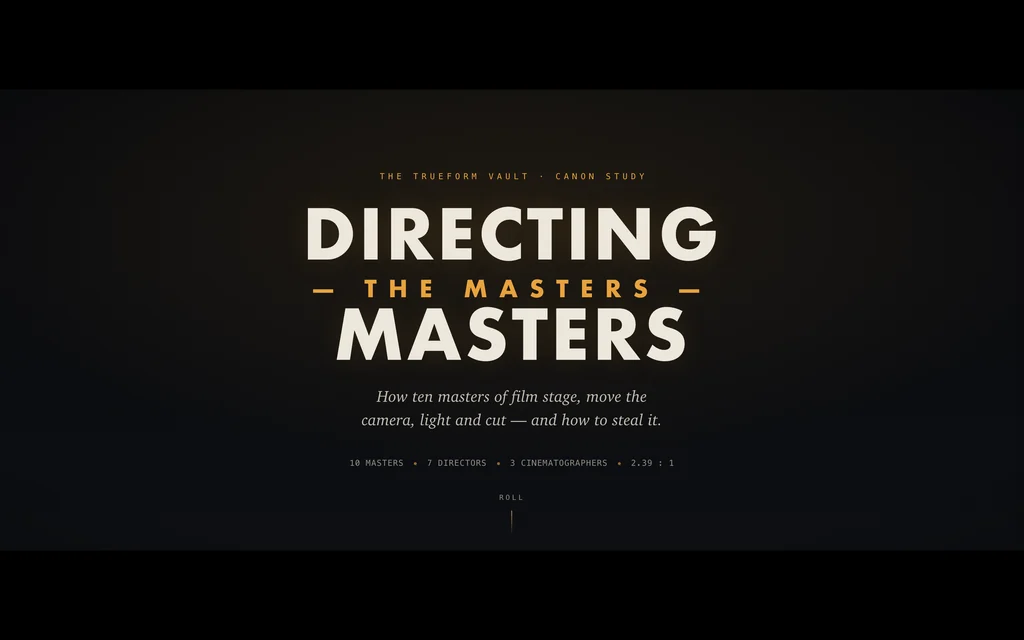 Directing Masters: a dark screening-room navy ground lit projector-amber, with Futura title cards and a director's signature diagram.