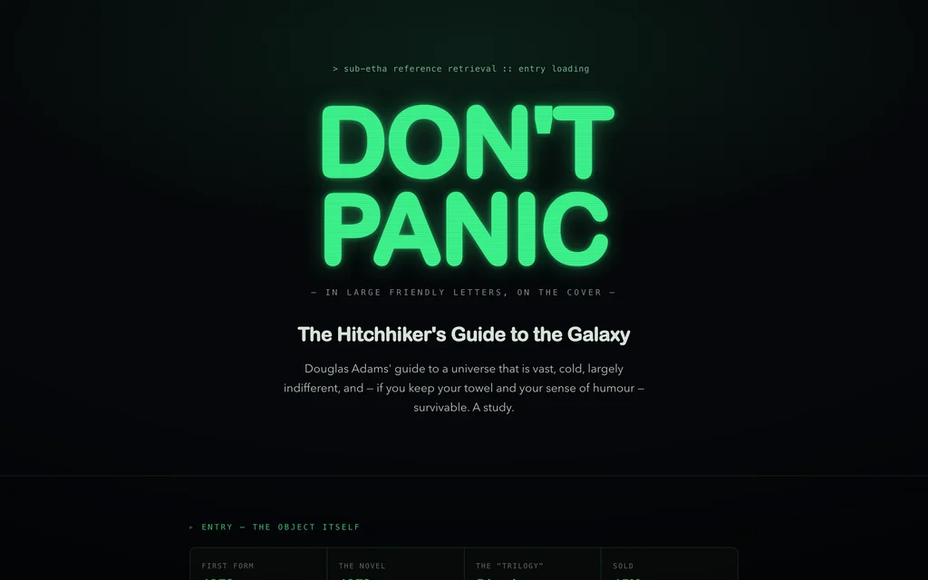 The Hitchhiker's Guide rebuilt as a glowing green hand-held device booting up with DON'T PANIC across the screen.
