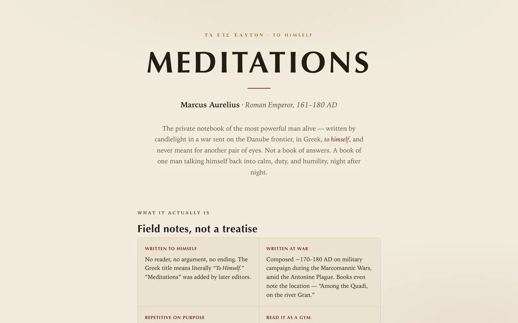 Meditations: a dark oxblood-and-marble page with carved Optima capitals presenting Marcus Aurelius' Stoic ideas.