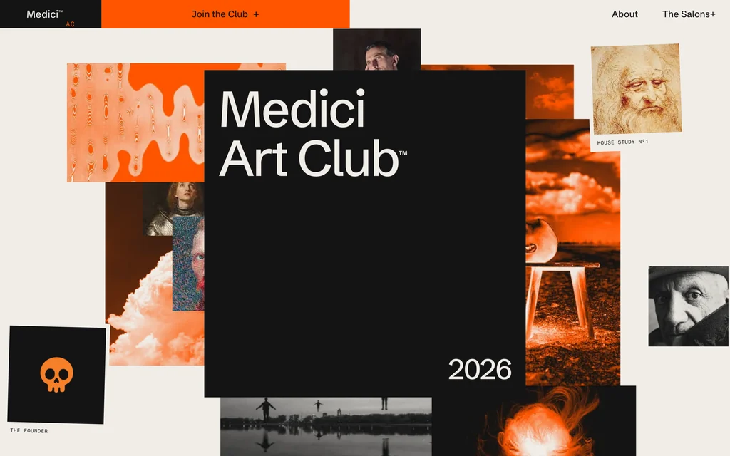 Medici Art Club: a paper-white report with black type and a single signal-orange accent, laid out as stacked print planes.