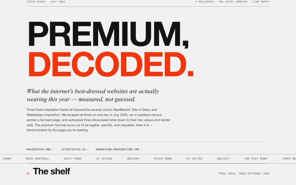 The Premium Web Decoded: a near-black editorial page with a three-voice type system and a single warm signal accent.