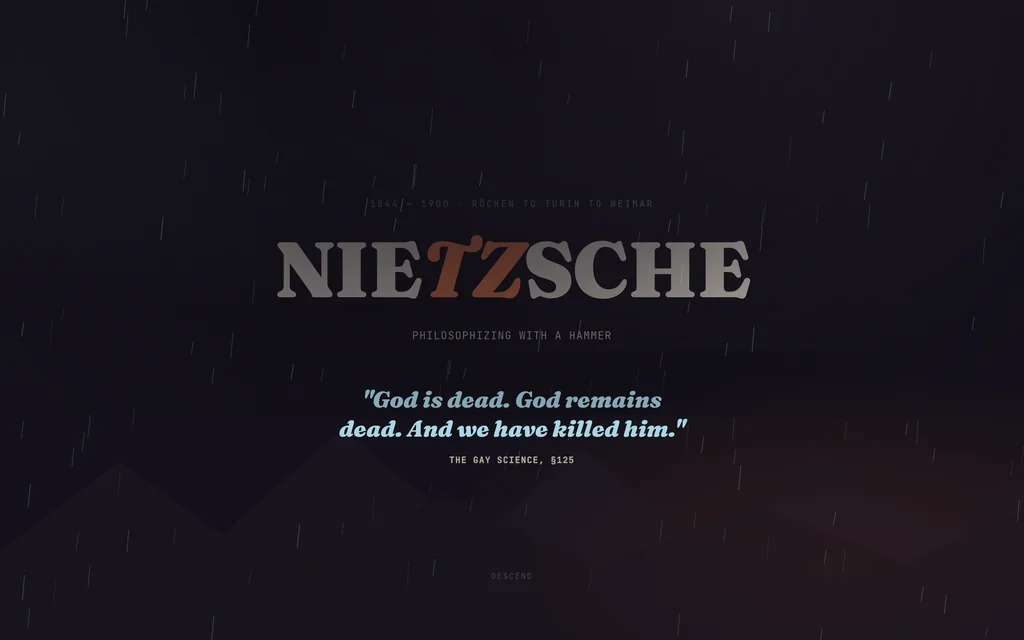 Nietzsche study opening on a dark stone field split between cold ice-blue and hot ember-red, an animated storm falling over the title.