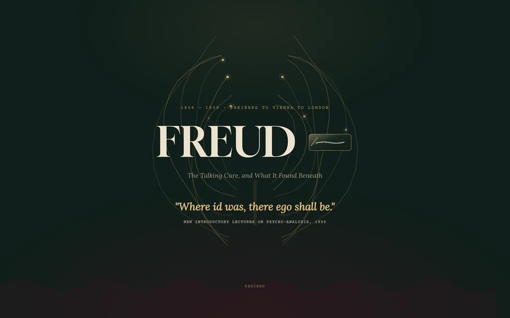 Freud study in a dim jewel-toned consulting room, an interactive iceberg diagram at centre with brass labels for conscious and unconscious thought.