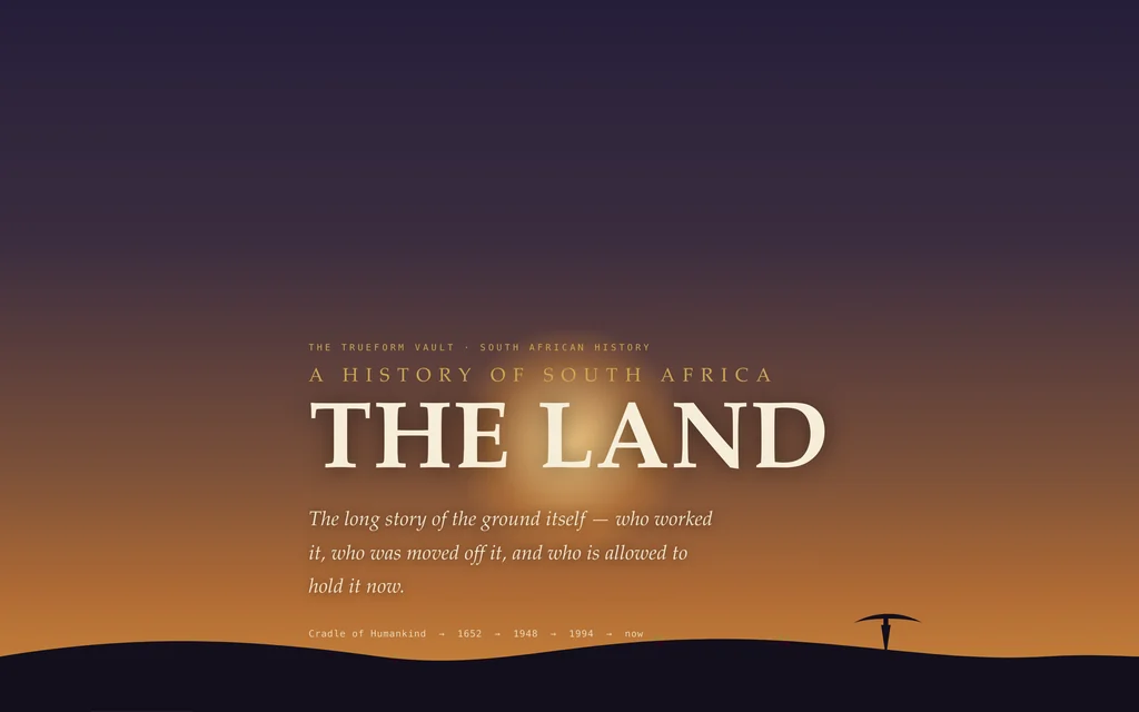 South African history study opening at dusk over a hand-drawn horizon, the title The Land set over a warm ochre and indigo sky.