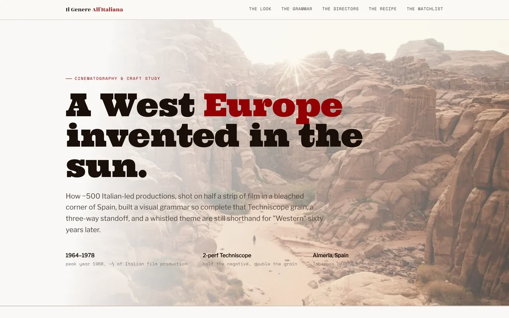 The Spaghetti Western study: a desert canyon hero at golden hour, the headline A West Europe invented in the sun over sun-bleached rock.