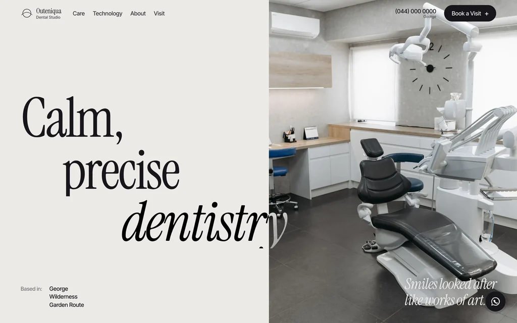 Outeniqua Dental Studio: a calm stone-grey editorial page with the serif headline 'Calm, precise dentistry' and gallery-like spacing.