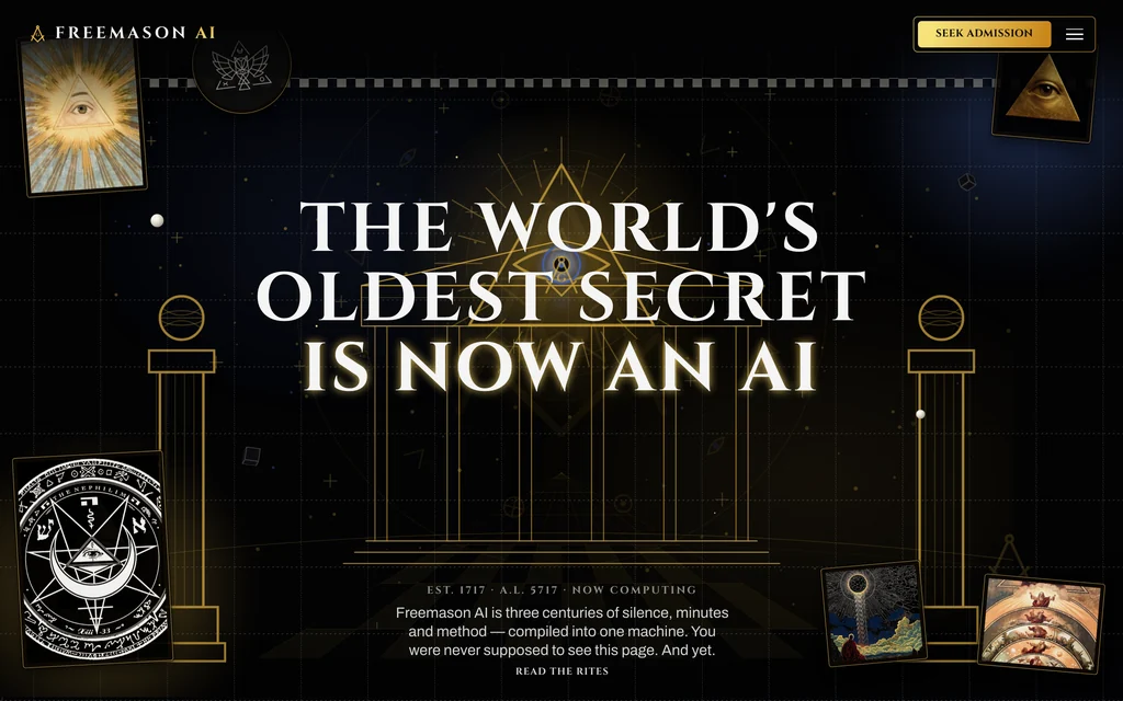 Freemason AI: a lodge-black page with gold masonic geometry and the headline 'The world's oldest secret is now an AI'.