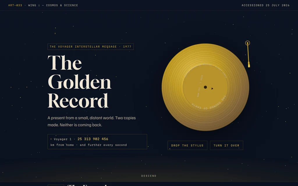The Golden Record exhibit: an engraved gold disc spinning over a deep blue-black starfield beside the title 'The Golden Record'.