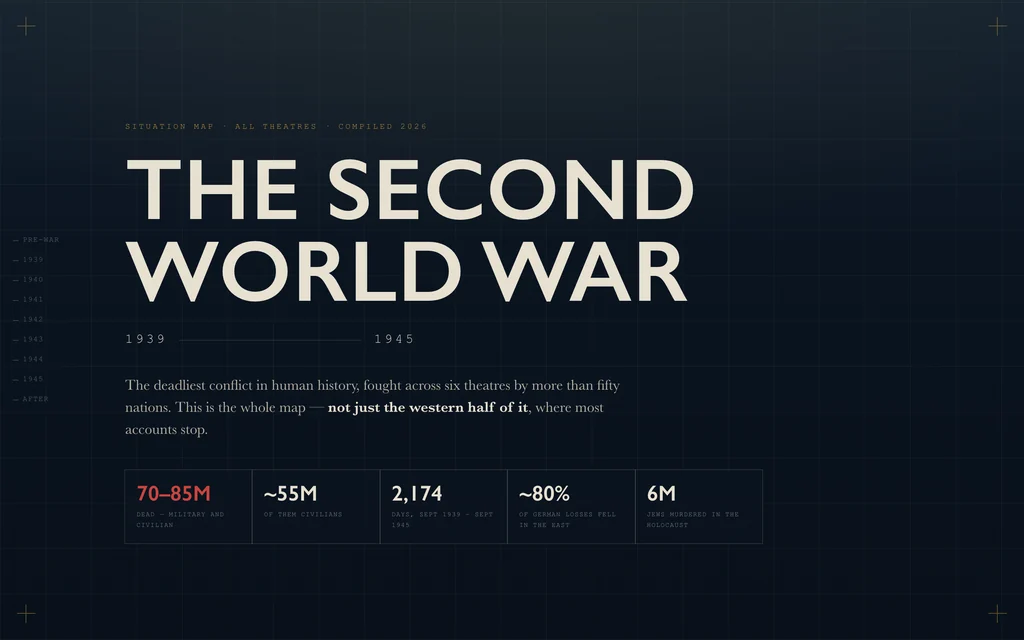The Map Table exhibit: the title 'The Second World War' set large in pale condensed capitals on a deep navy chart-room ground, over a faint map graticule, with a row of key figures beneath it.